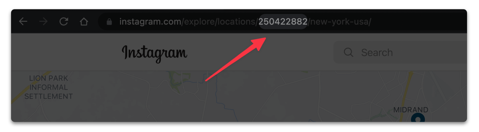 On the location page the Instagram location ID is a numeric part of the URL